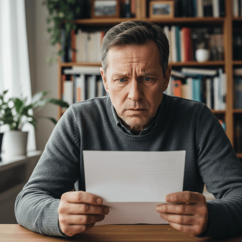 Mann liest besorgten Brief von Inkasso