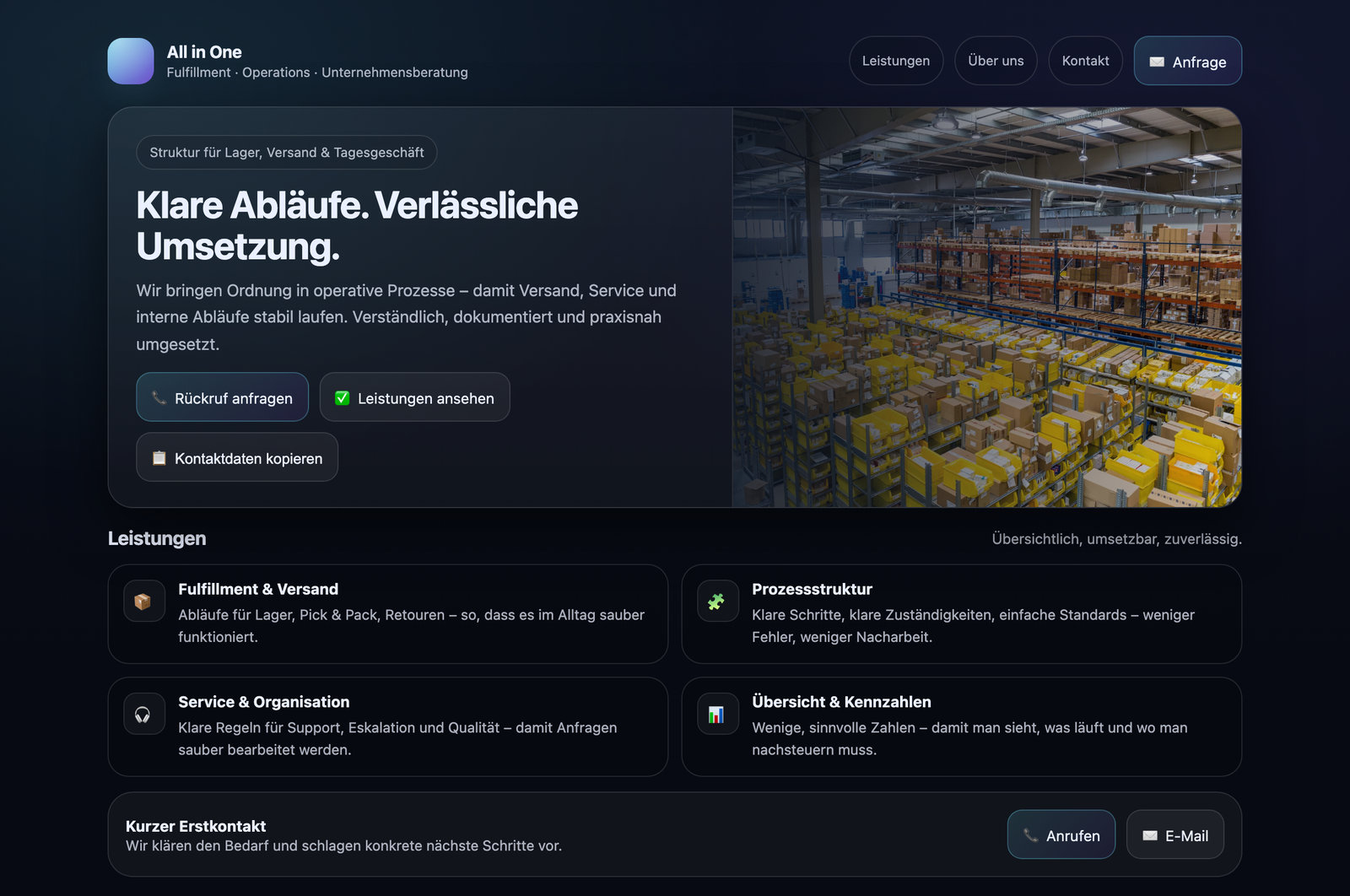 Startseite von allinonepayment.gr: All in One, Fulfillment, Operations, Unternehmensberatung