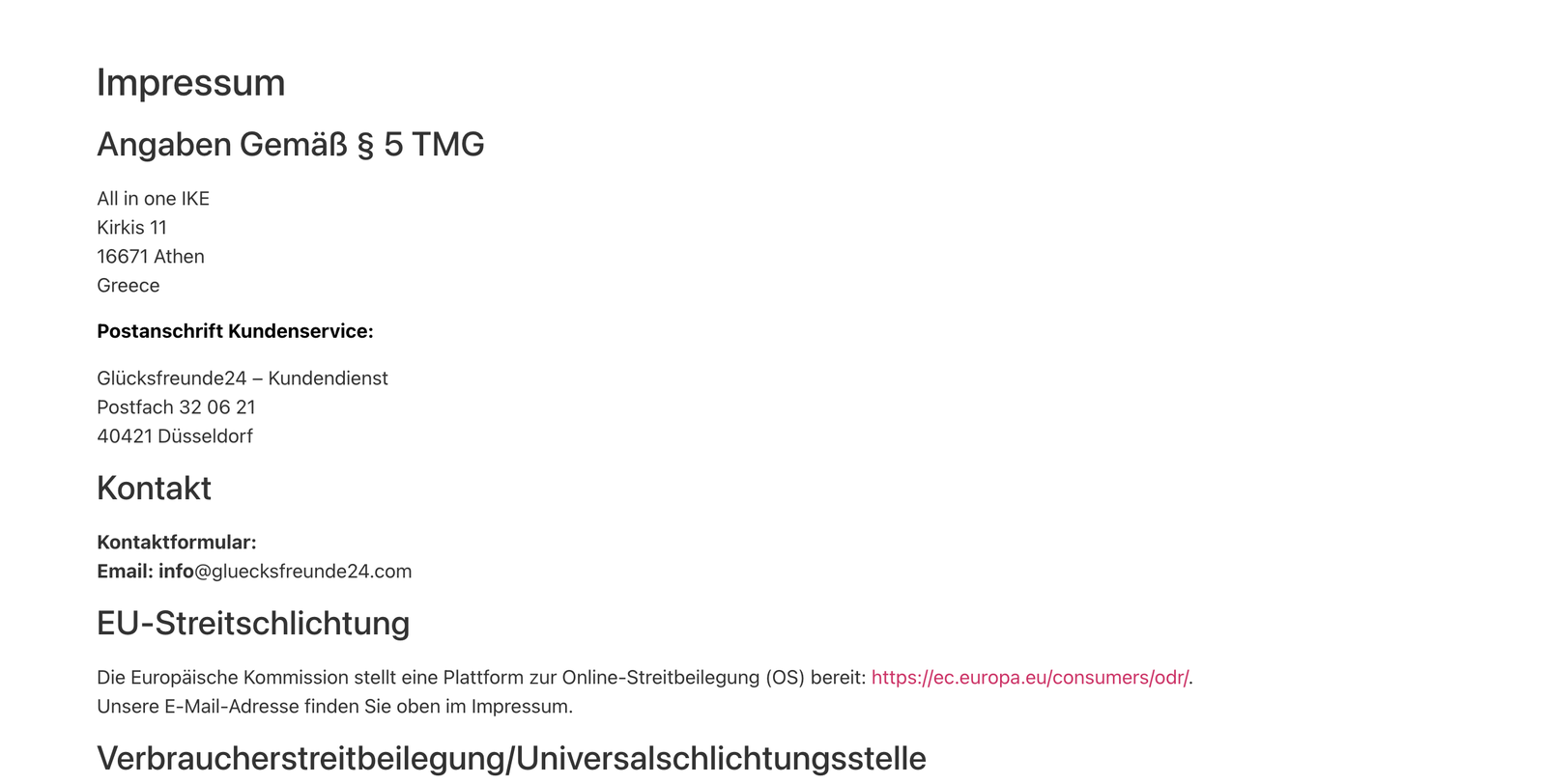 Impressum von gluecksfreunde24.com: All in one IKE in Athen als Betreiberin, Kundendienst-Postfach in Düsseldorf
