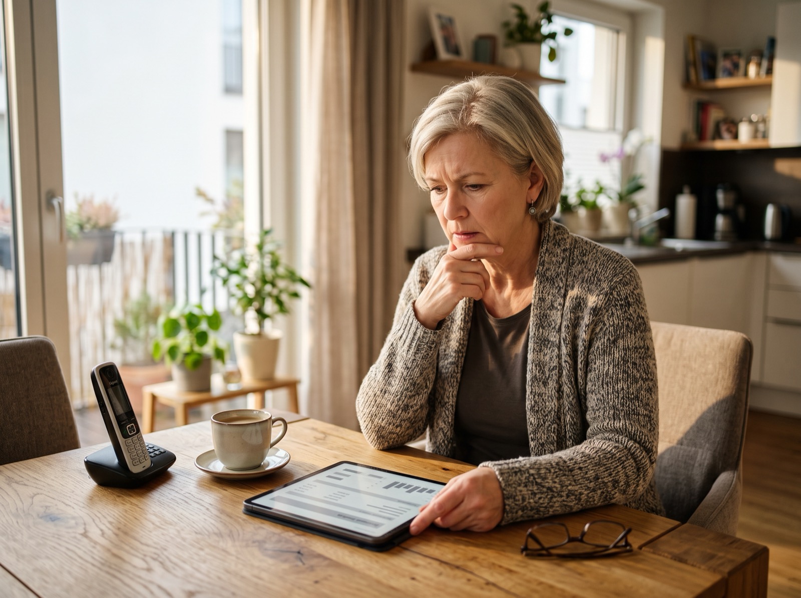 Frau prüft am Esstisch eine unbekannte Abbuchung im Online-Banking auf dem Tablet, daneben ein Telefon
