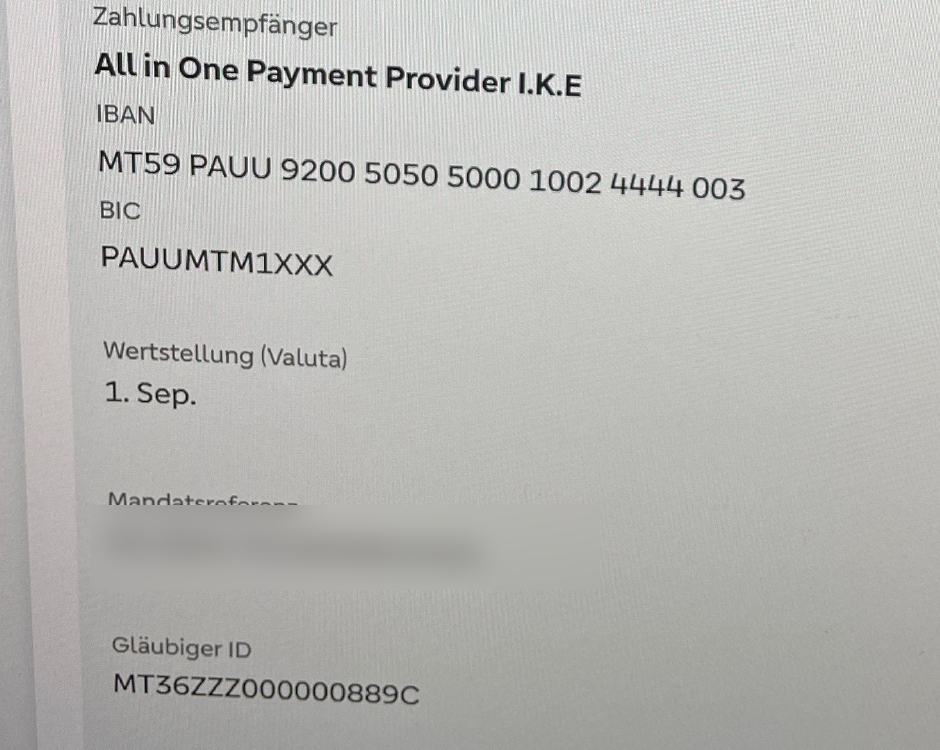Ausschnitt eines Kontoauszugs: Zahlungsempfänger All in One Payment Provider I.K.E, maltesische IBAN, Gläubiger-ID MT36ZZZ000000889C