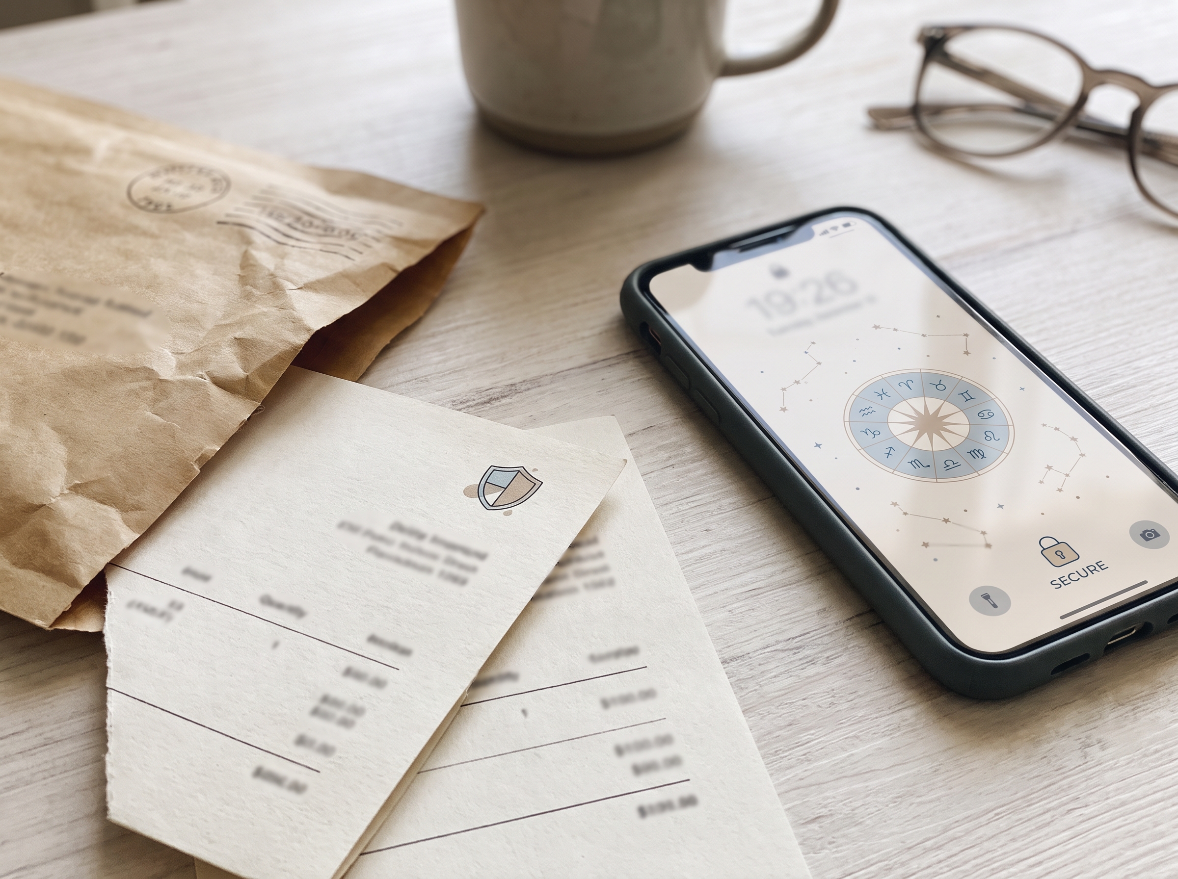 Rechnung und Smartphone mit Horoskop-App von Astrolonova