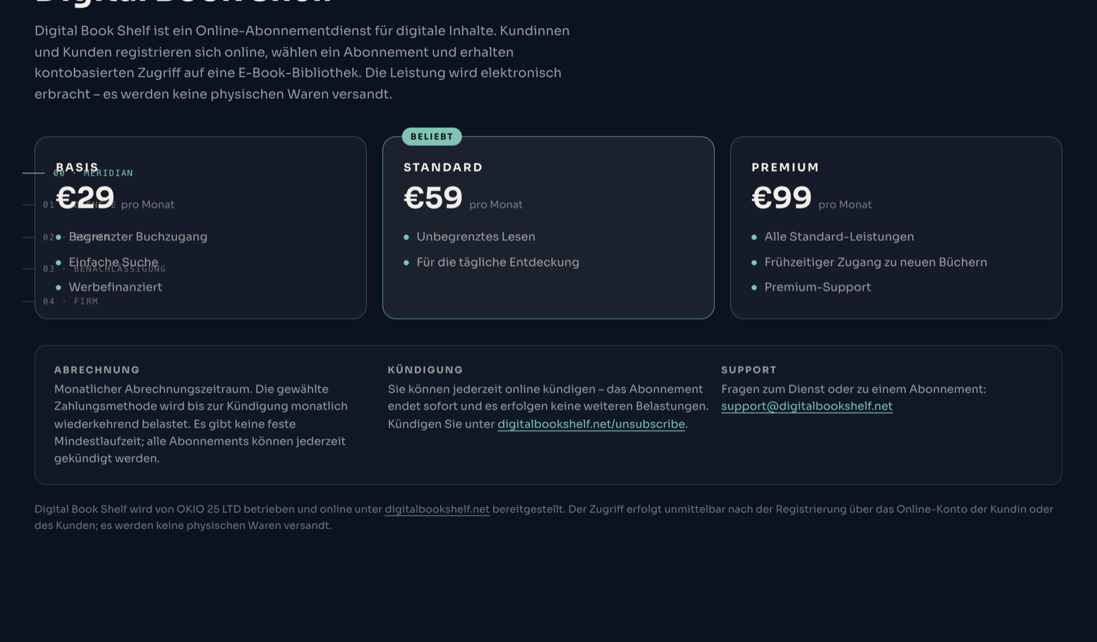 Digital Book Shelf auf beyond-meridian.com: E-Book-Abo für 29, 59 oder 99 Euro monatlich, betrieben von OKIO 25 LTD