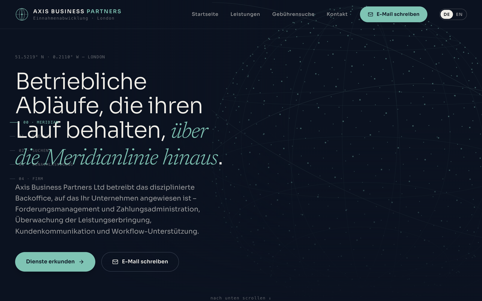 Startseite von beyond-meridian.com: Axis Business Partners, Einnahmenabwicklung London, Betriebliche Abläufe, die ihren Lauf behalten, über die Meridianlinie hinaus
