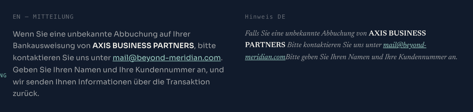 Zahlungshinweis auf beyond-meridian.com in Englisch und Deutsch: unbekannte Abbuchung von AXIS BUSINESS PARTNERS, Name und Kundennummer angeben