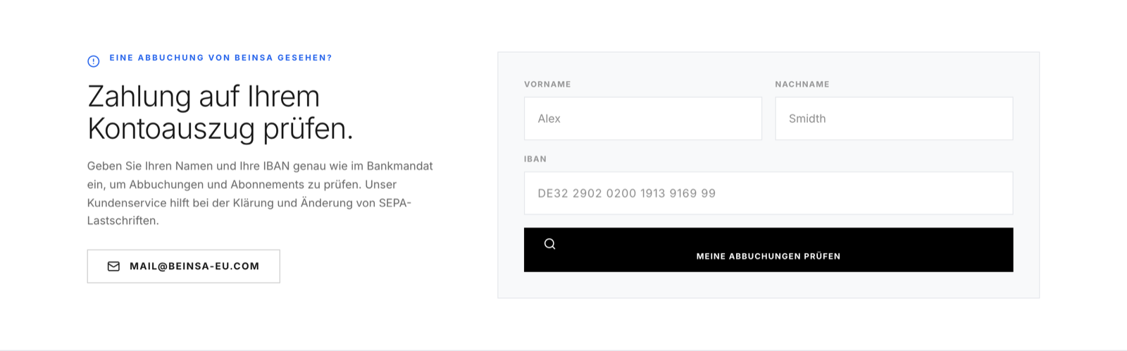 IBAN-Formular auf beinsa-eu.com: Zahlung auf Ihrem Kontoauszug prüfen, Vorname, Nachname, IBAN, Meine Abbuchungen prüfen