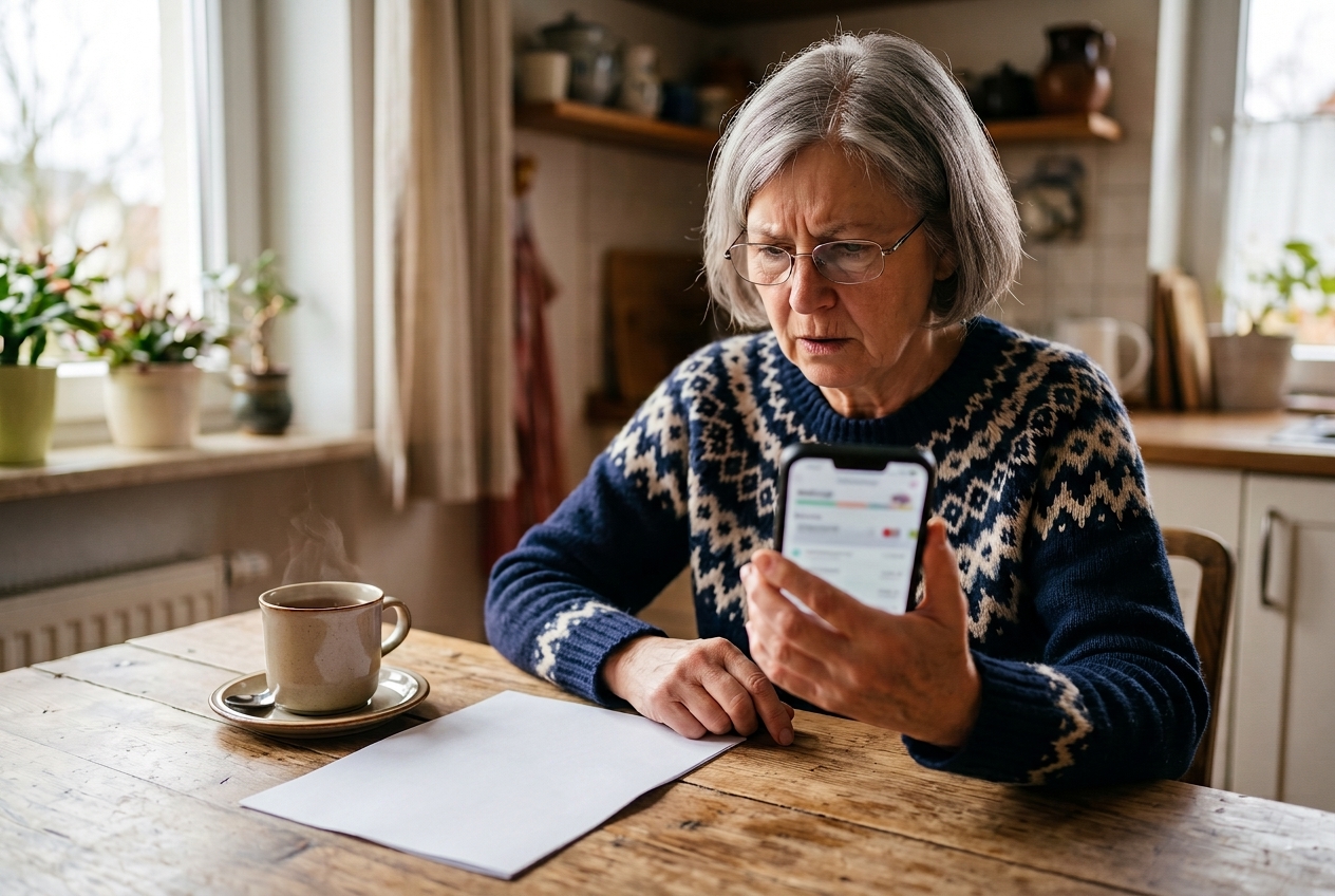 Frau prüft am Küchentisch eine unbekannte Abbuchung in der Banking-App, Symbolbild