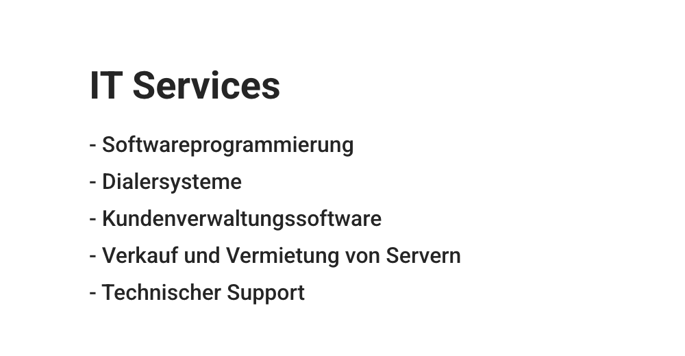 Leistungsliste auf bengemarketing.com: Softwareprogrammierung, Dialersysteme, Kundenverwaltungssoftware, Server, technischer Support (Screenshot)