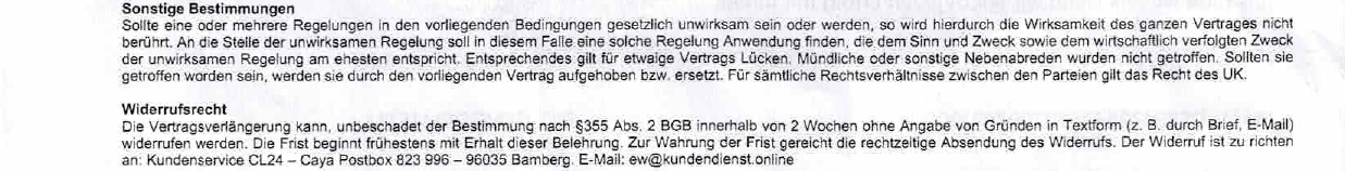 Ausschnitt aus den AGB der CLUB24 Vorteilsgemeinschaft: Es gilt das Recht des UK, Widerrufsrecht innerhalb von 2 Wochen, Widerruf an ew@kundendienst.online