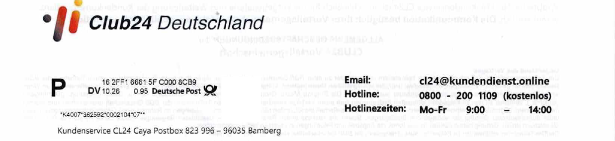 Briefkopf des Willkommensschreibens: Club24 Deutschland, Kundenservice CL24 Caya Postbox Bamberg, E-Mail cl24@kundendienst.online, Hotline 0800-200 1109