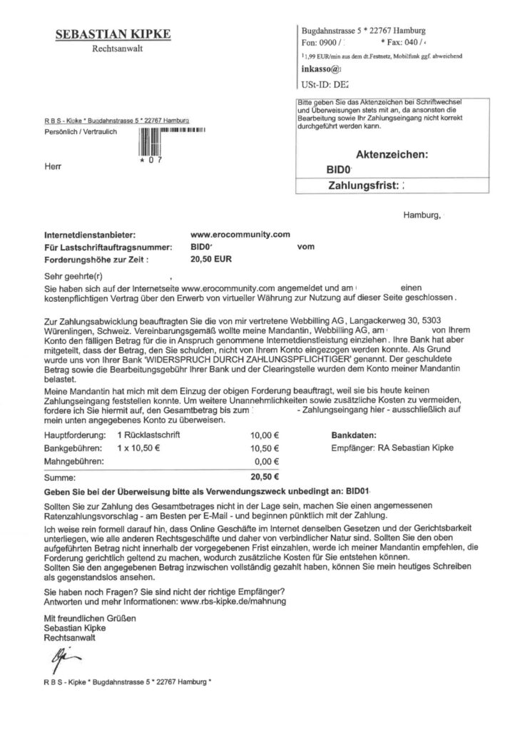 Beispiel einer Mahnung von Rechtsanwalt Kipke