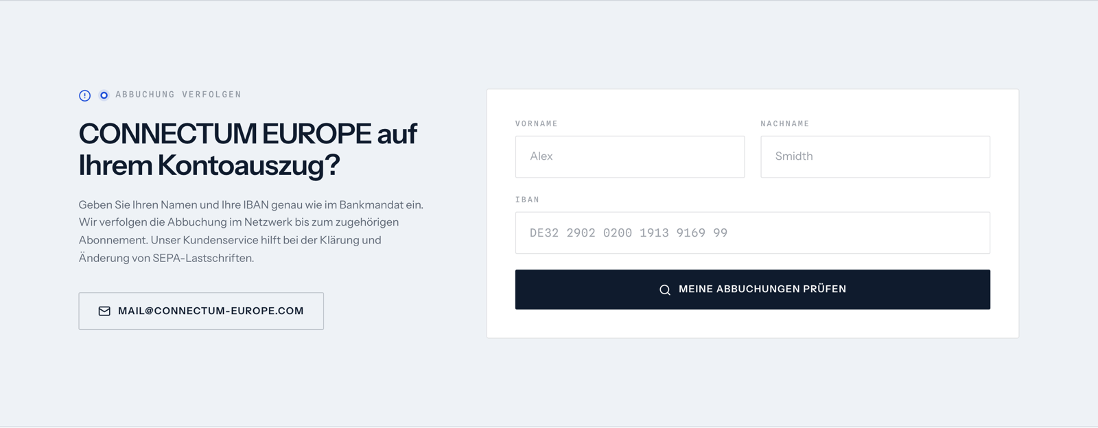 IBAN-Formular auf connectum-europe.com: CONNECTUM EUROPE auf Ihrem Kontoauszug? Vorname, Nachname, IBAN, Meine Abbuchungen prüfen