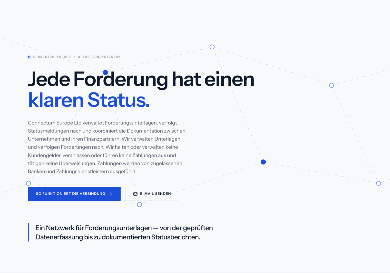 Startseite von connectum-europe.com: Jede Forderung hat einen klaren Status, Connectum Europe Operationsnetzwerk