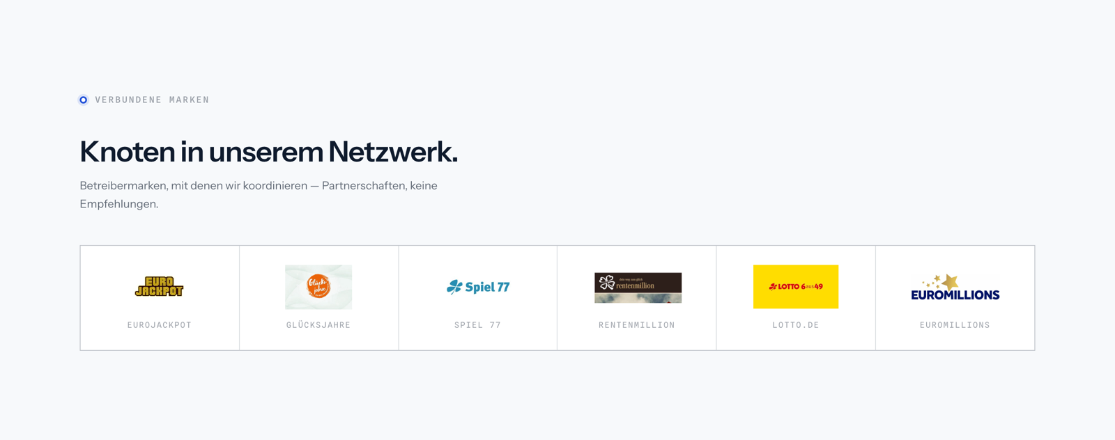 Verbundene Marken auf connectum-europe.com: Knoten in unserem Netzwerk, Logos von Eurojackpot, Glücksjahre, Spiel 77, Rentenmillion, Lotto.de, Euromillions