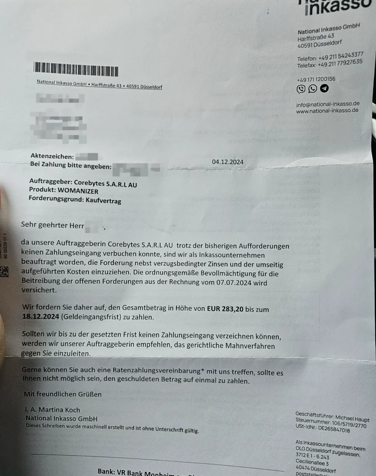 Womanizer Mahnung der National Inkasso GmbH