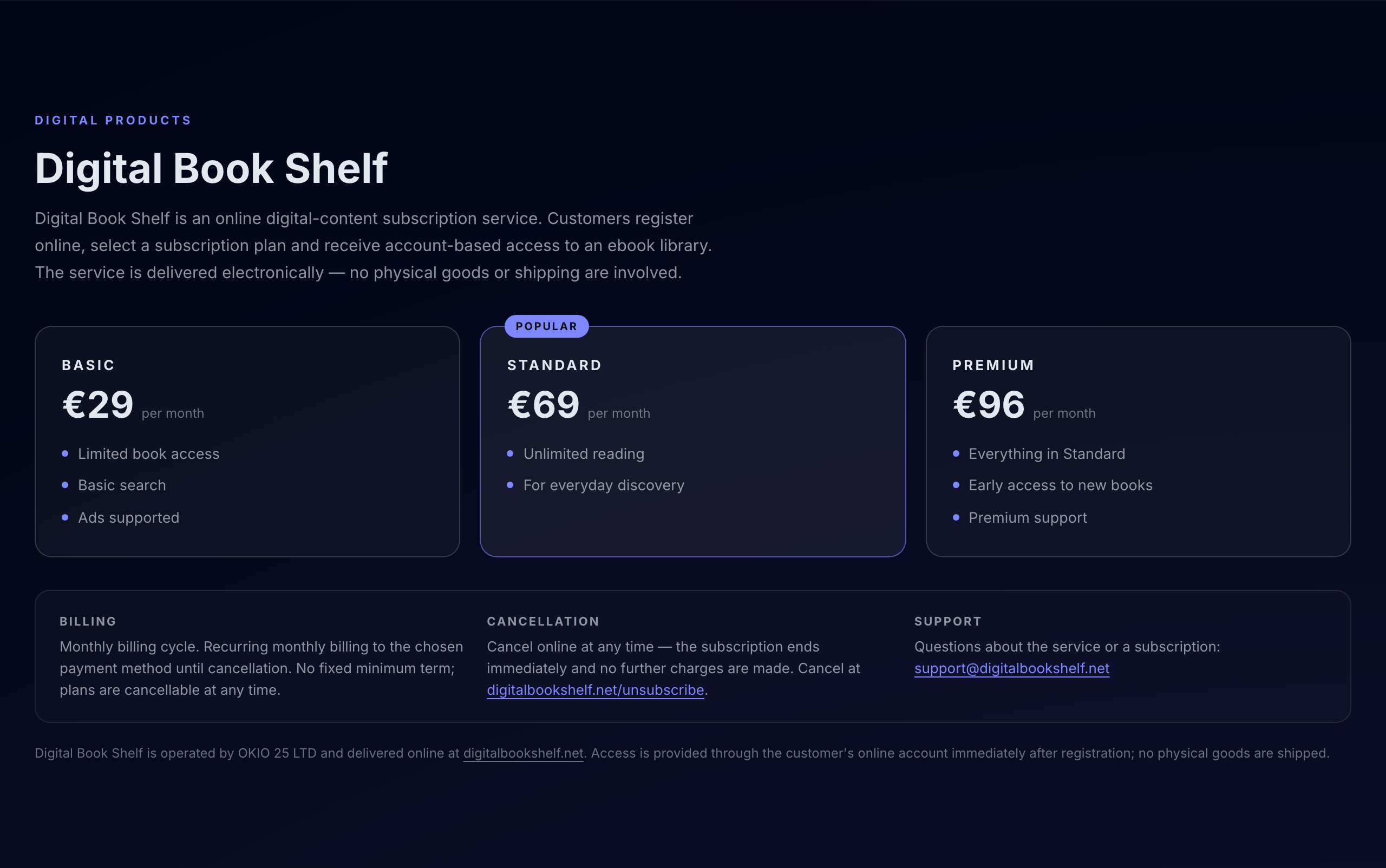 Digital Book Shelf Preistabelle auf coreviapay.com: 29, 69 und 96 Euro pro Monat, betrieben von OKIO 25 LTD (Screenshot)