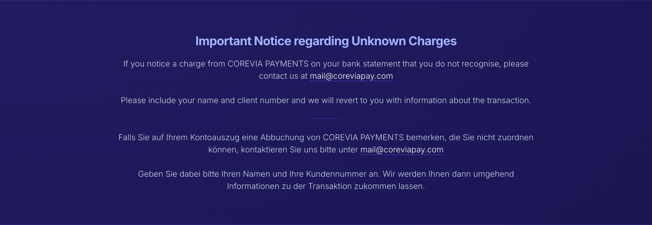Zweisprachiger Hinweis zu unbekannten Abbuchungen auf coreviapay.com (Screenshot)