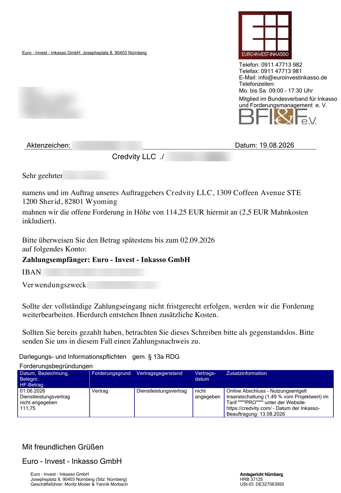 Kaufmännische Mahnung der Euro-Invest-Inkasso GmbH im Auftrag der Credvity LLC über 114,25 Euro, anonymisiert