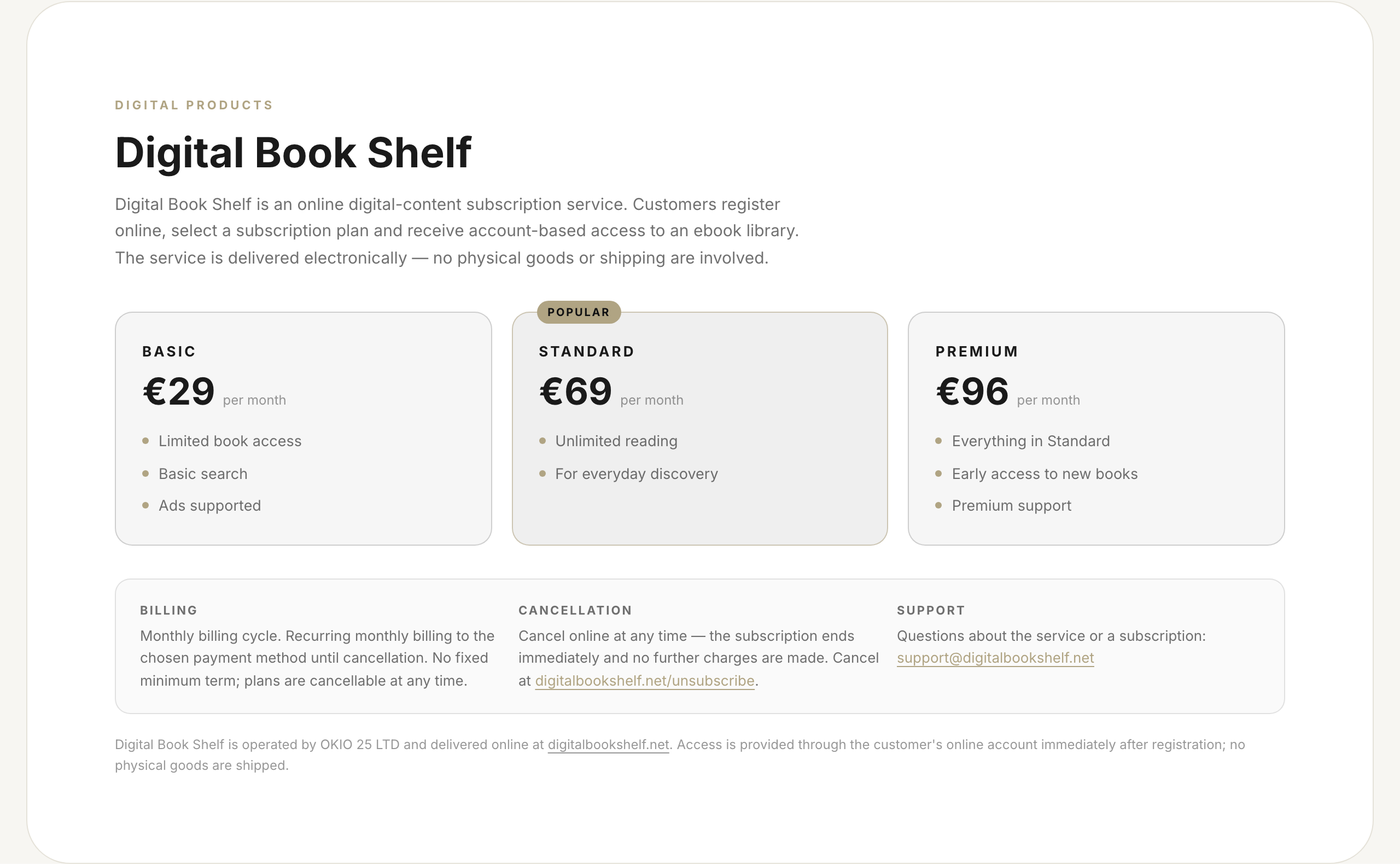 Digital Book Shelf Preistabelle auf crowntimesrl.com: 29, 69 und 96 Euro pro Monat, betrieben von OKIO 25 LTD (Screenshot)
