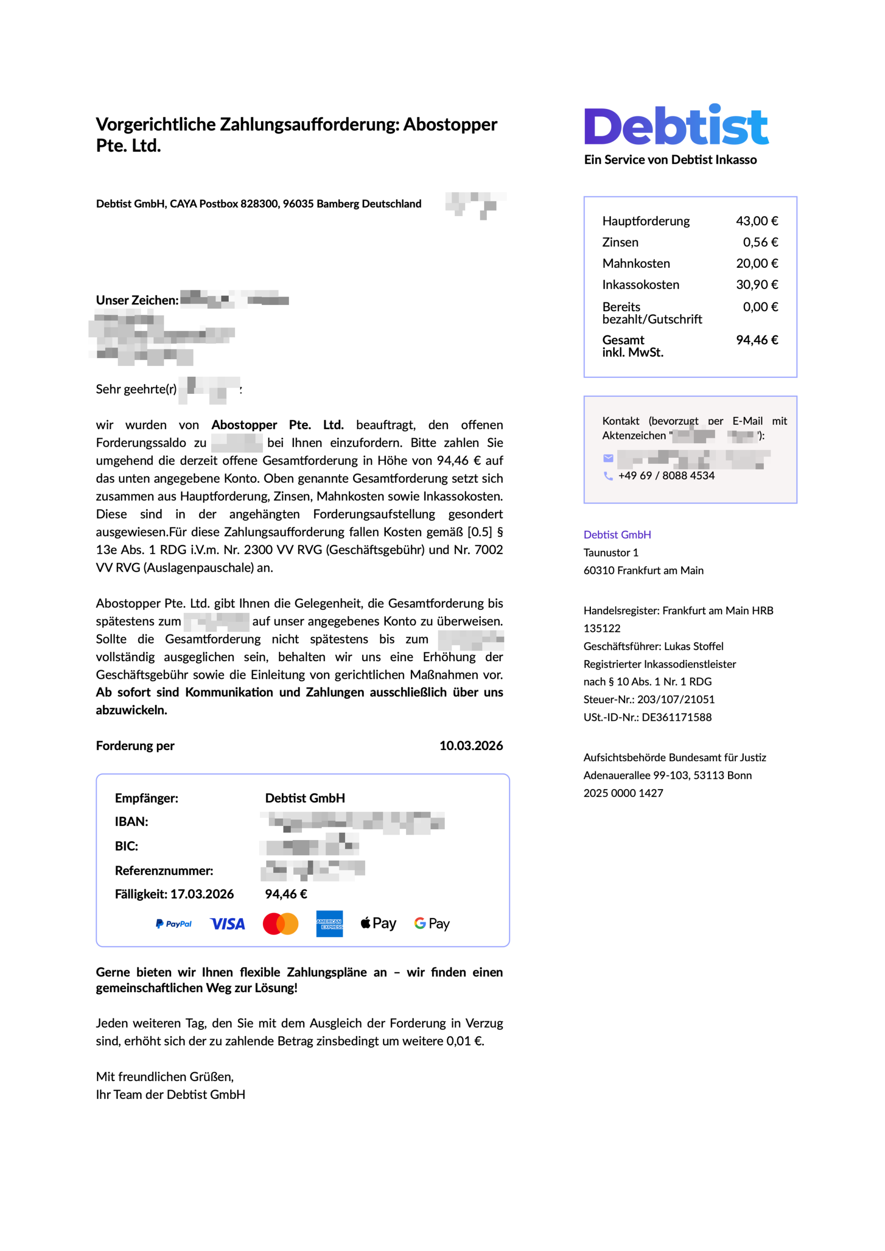 Vorgerichtliche Zahlungsaufforderung der Debtist GmbH