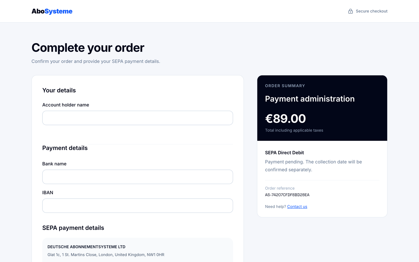 Checkout-Seite von abosysteme.com: Complete your order, Felder Account holder name, Bank name, IBAN, Bestellübersicht Payment administration 89,00 Euro, SEPA Direct Debit, Payment pending, collection date will be confirmed separately