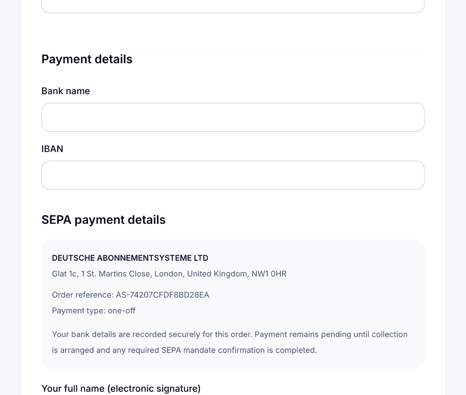 Ausschnitt der Checkout-Seite: Payment details mit Feldern Bank name und IBAN, SEPA payment details der Deutsche Abonnementsysteme Ltd, Order reference, Payment type one-off, Your full name als electronic signature