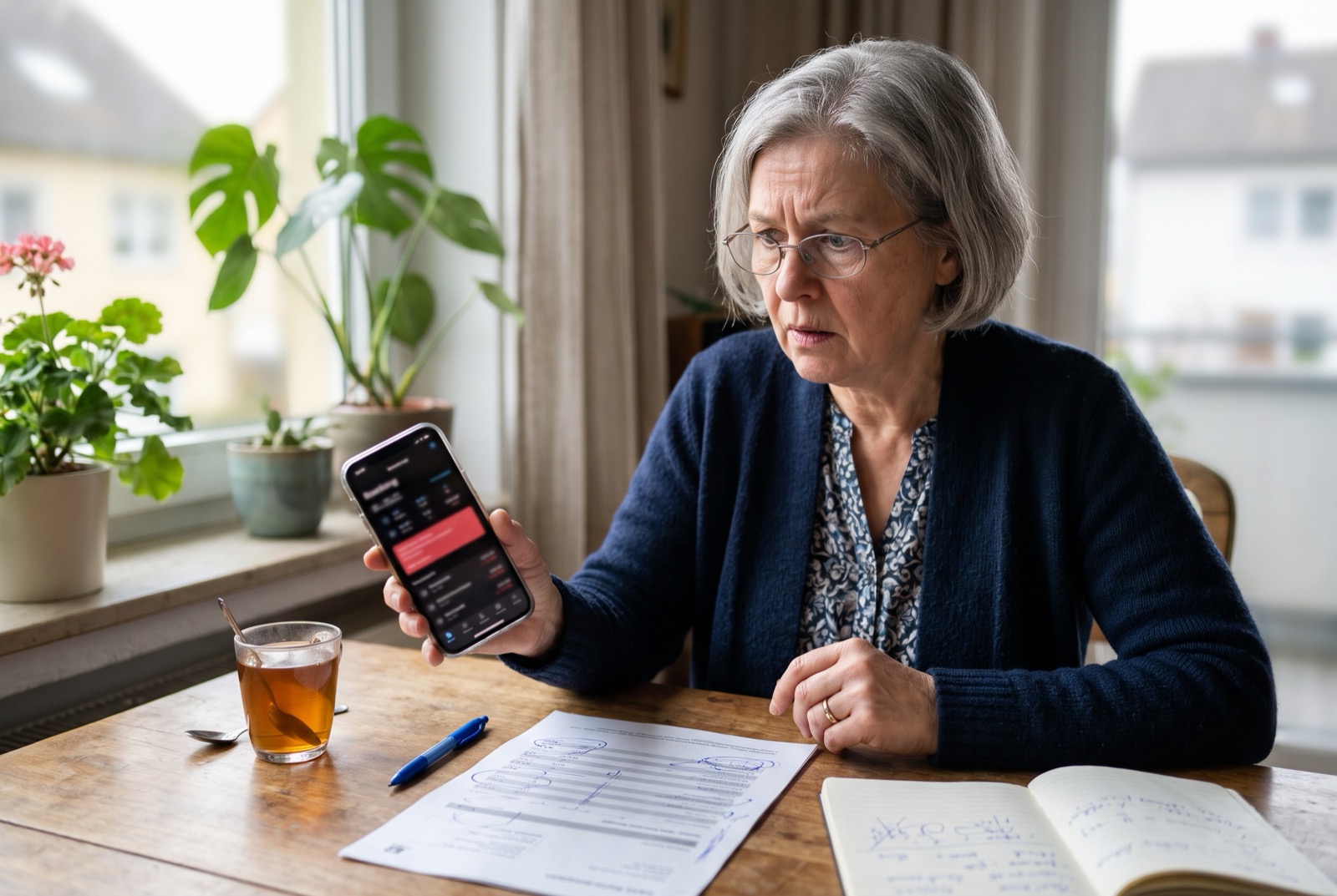 Frau mit Brille sitzt am Esstisch und schaut irritiert auf ihr Smartphone mit einer Banking-App, vor ihr ein Kontoauszug und ein Notizbuch, Symbolbild