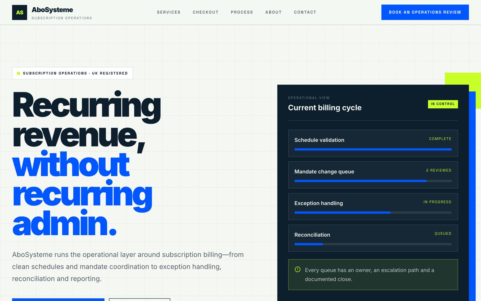Startseite von abosysteme.com: AboSysteme, Subscription Operations, UK registered, Recurring revenue without recurring admin, Operational view Current billing cycle