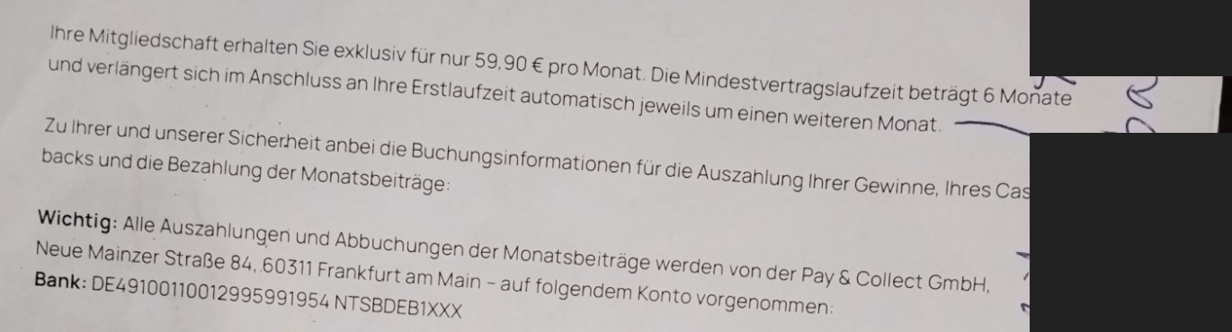 Ausschnitt aus Seite 2 des Willkommensschreibens: 59,90 Euro pro Monat, Mindestvertragslaufzeit 6 Monate, Abbuchungen durch die Pay und Collect GmbH, Frankfurt am Main, auf ein Konto bei einer Direktbank; handschriftliche Notizen geschwärzt