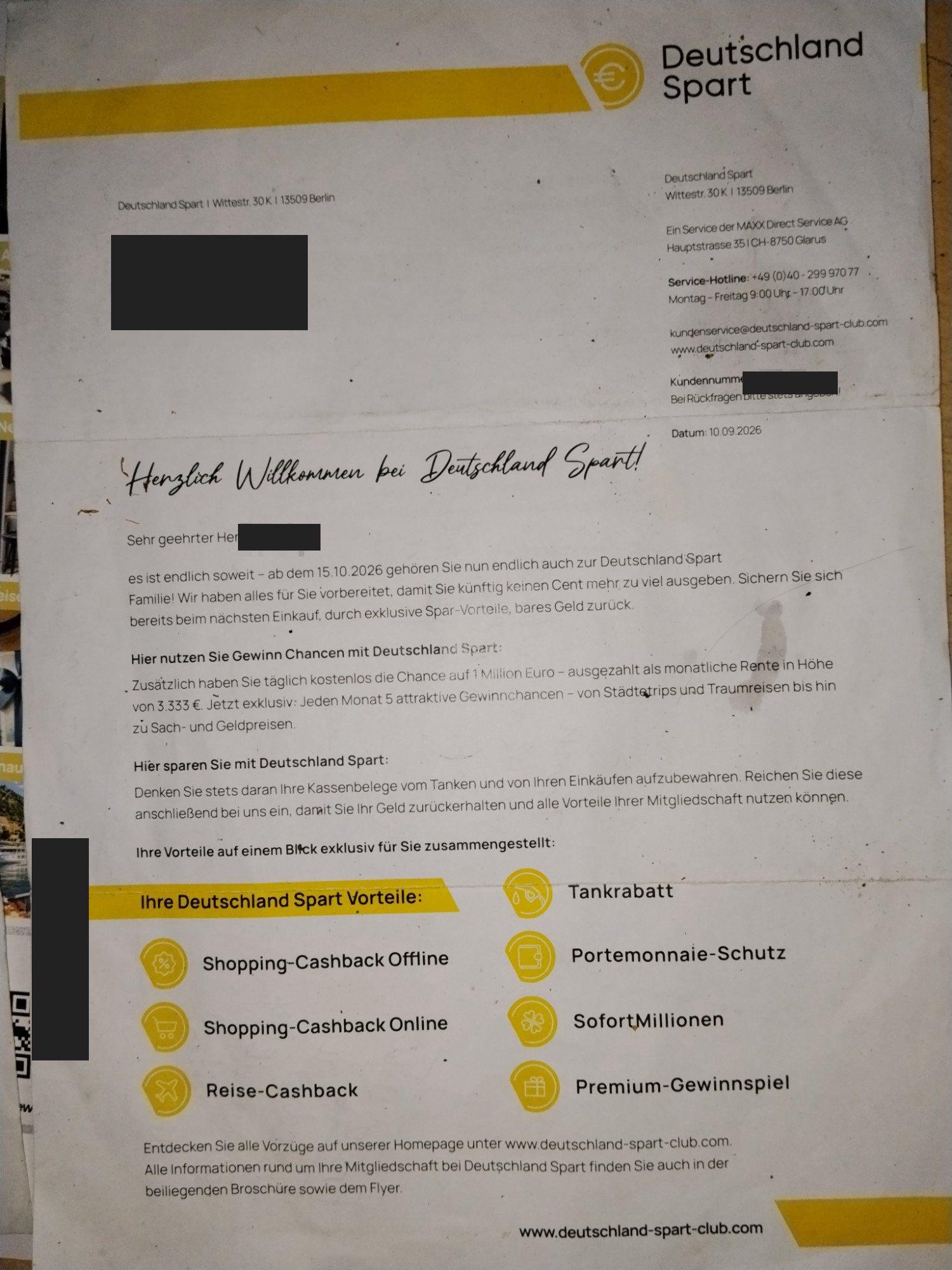 Willkommensschreiben von Deutschland Spart vom September 2026, Personendaten geschwärzt: Herzlich Willkommen bei Deutschland Spart, Mitgliedschaft ab 15.10.2026, Vorteile-Kacheln, ein Service der MAXX Direct Service AG