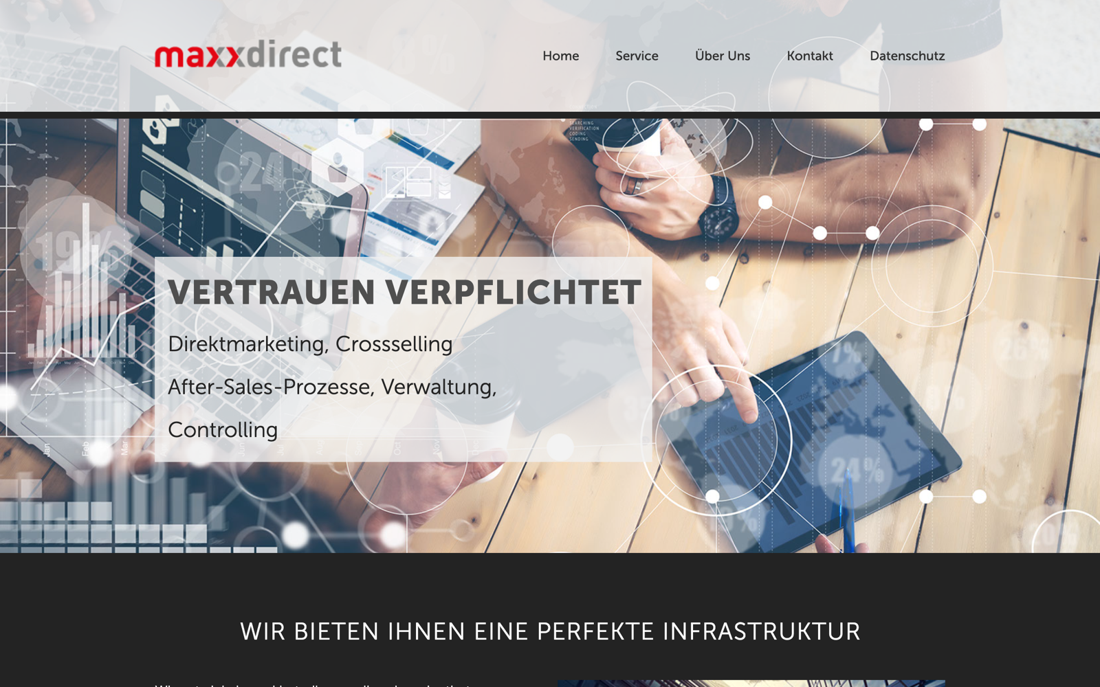 Startseite von maxx-direct.ch, der Website der MAXX Direct Service AG: Vertrauen verpflichtet, Direktmarketing, Crossselling, After-Sales-Prozesse, Verwaltung, Controlling