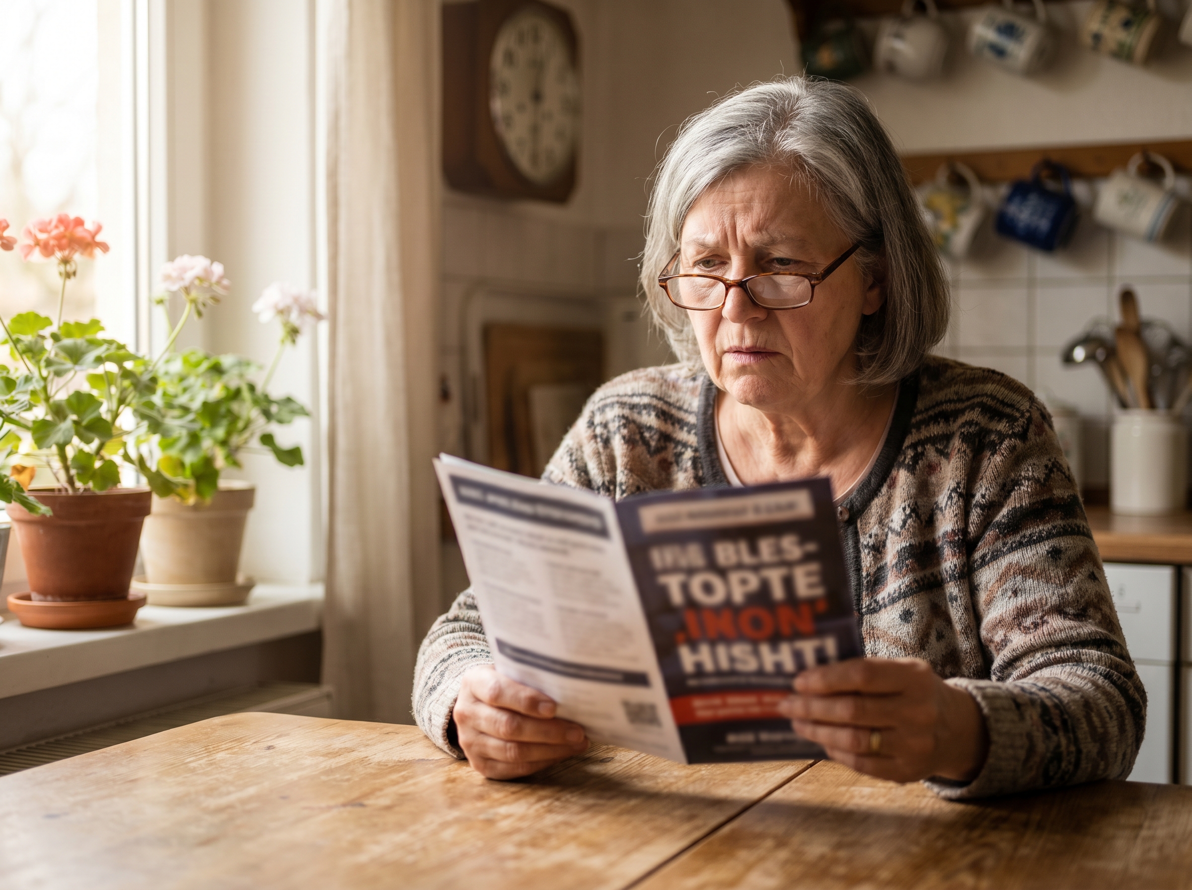 Ältere Dame liest skeptisch ein Werbeschreiben am Küchentisch