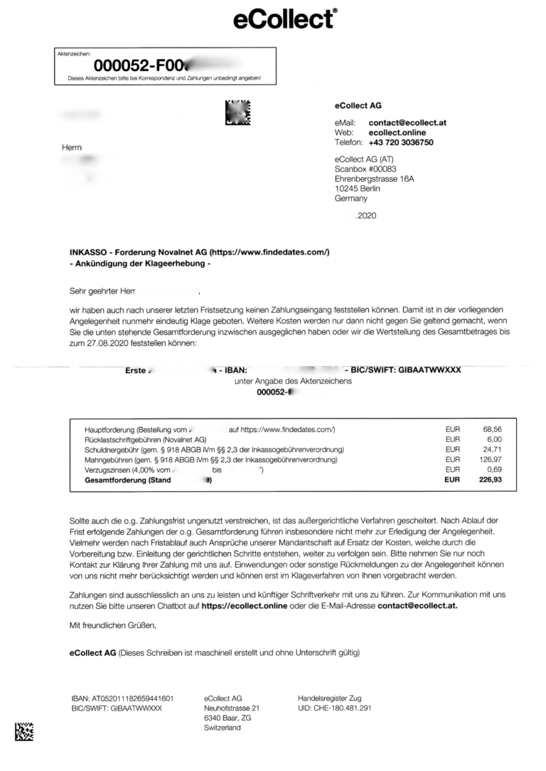 Beispiel einer Mahnung der eCollect AG