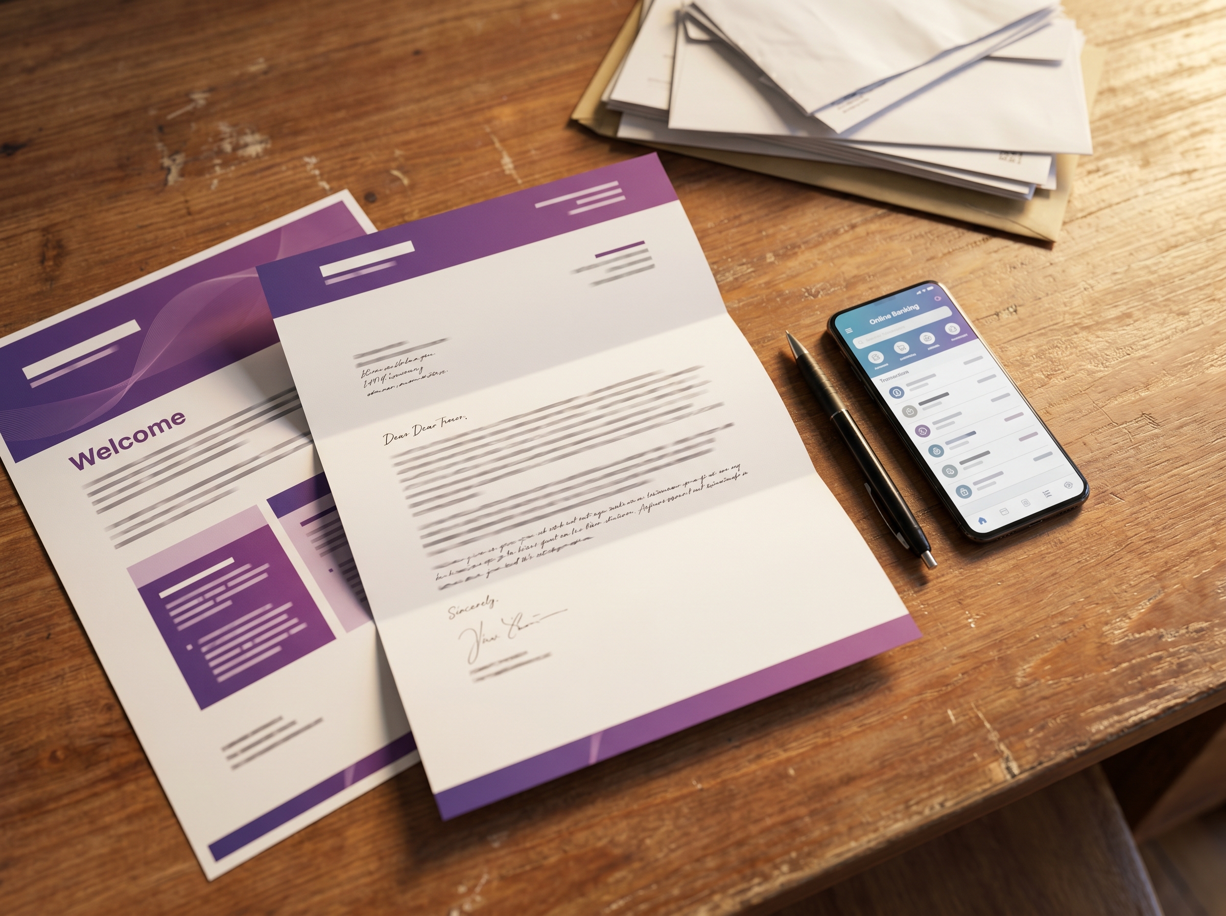 Begrüßungsbrief der EliteWin DE Vorteilsgemeinschaft auf einem Holztisch neben einem Smartphone mit Online-Banking