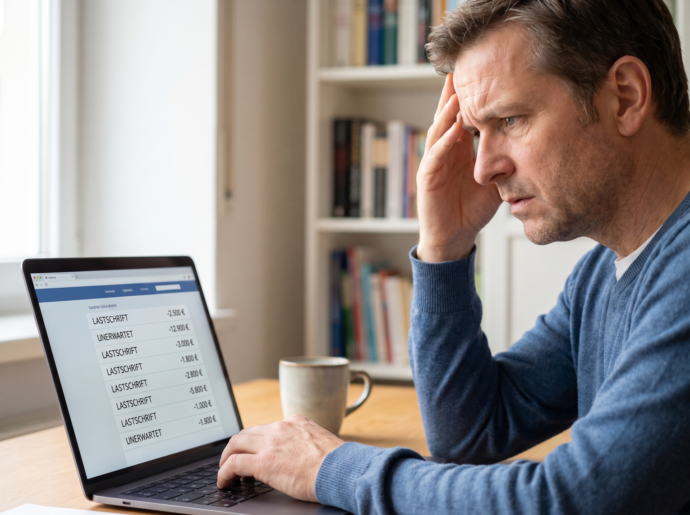 Verbraucher prüft auf dem Laptop seinen Online-Banking-Auszug mit der EliteWin-Abbuchung