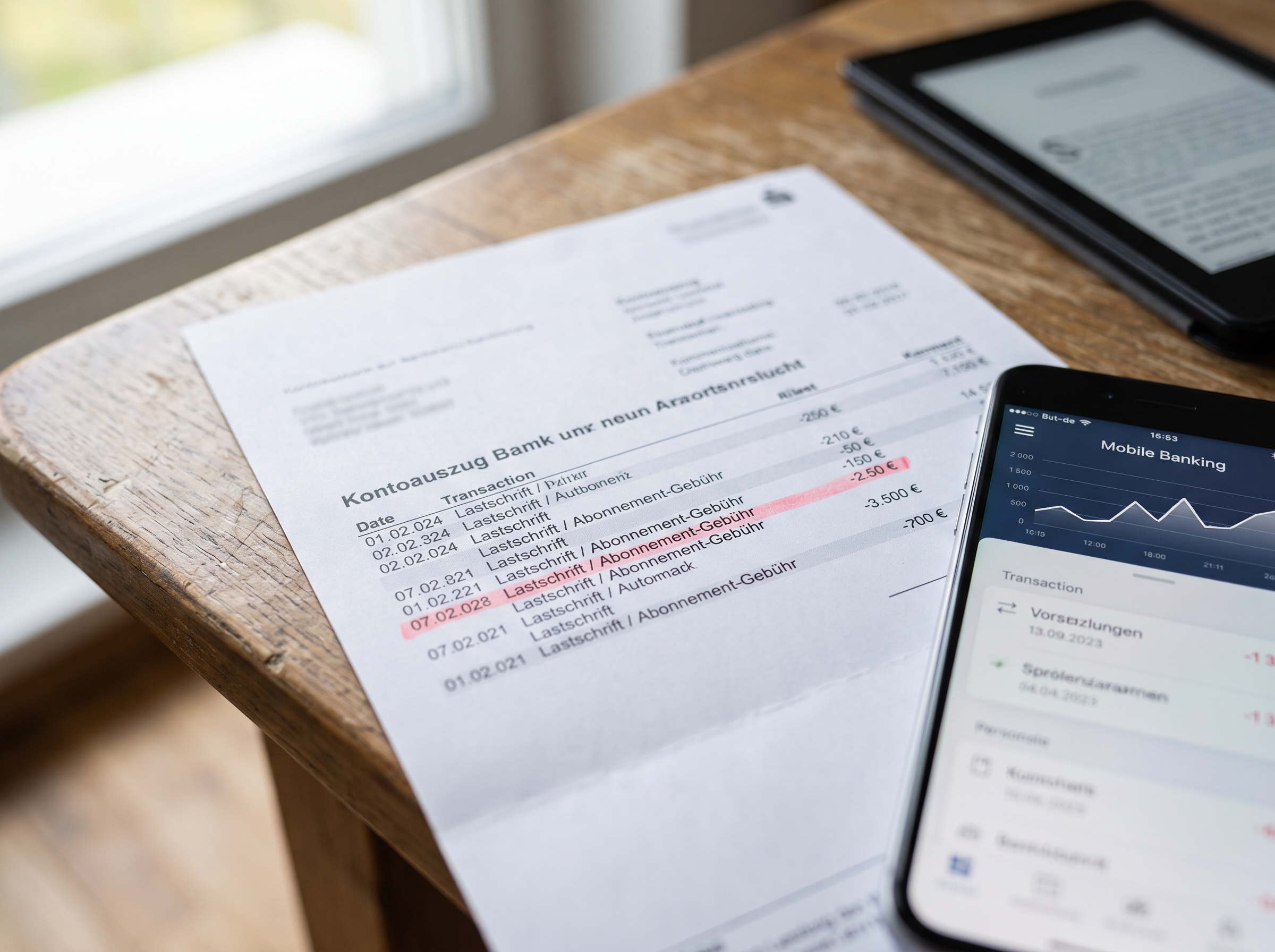Kontoauszug mit unerwarteter Abbuchung und Banking-App neben einem E-Reader