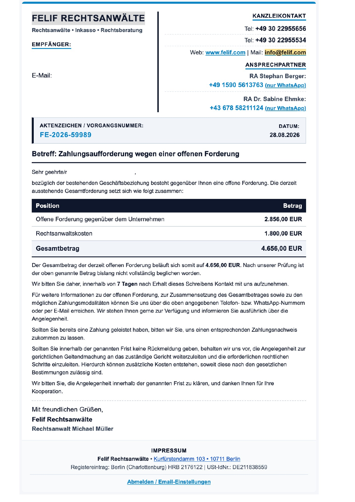 Gefälschte Zahlungsaufforderung von Felif Rechtsanwälten über 4.656 Euro (anonymisiert)