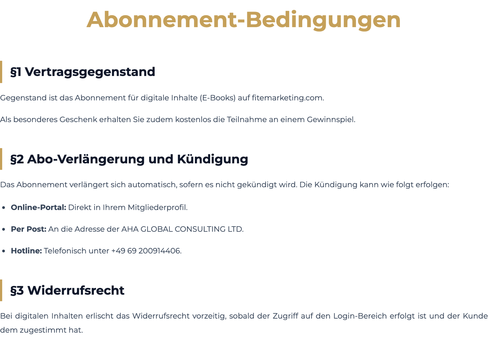 Abonnement-Bedingungen auf fitemarketing.com: E-Book-Abo, Gewinnspiel als Geschenk, Widerrufsrecht erlischt mit Zugriff auf den Login-Bereich