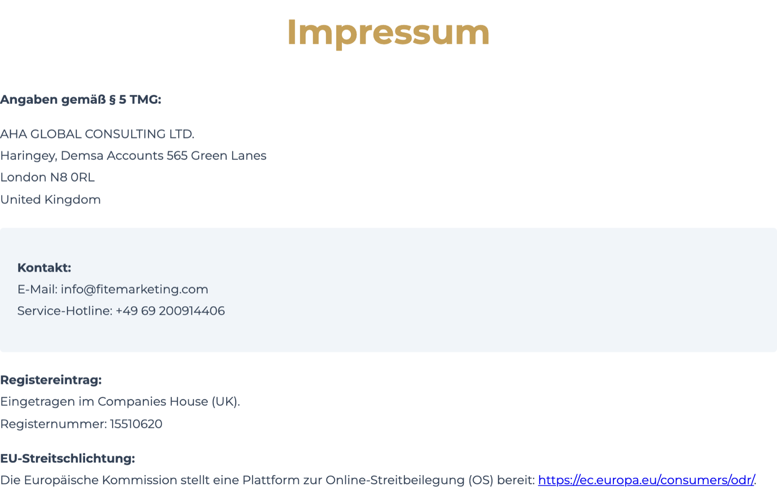 Impressum von fitemarketing.com: AHA Global Consulting Ltd., Londoner Adresse, Service-Hotline, Registernummer 15510620
