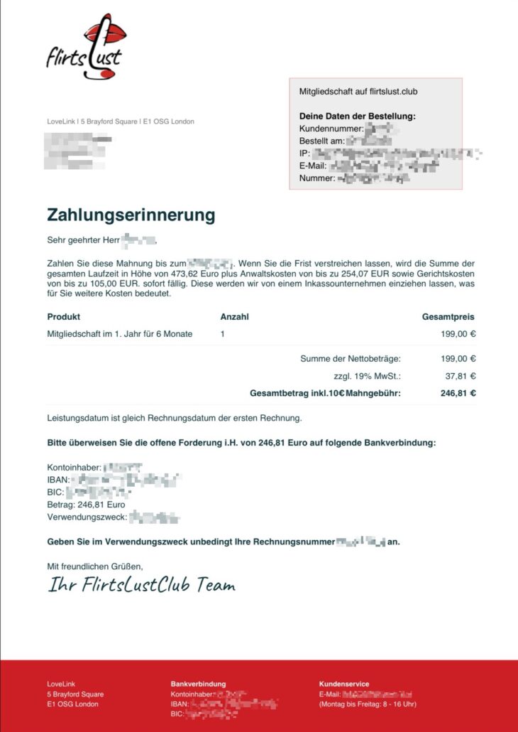 Mahnung der Lovelink LLC für Flirtslust.club
