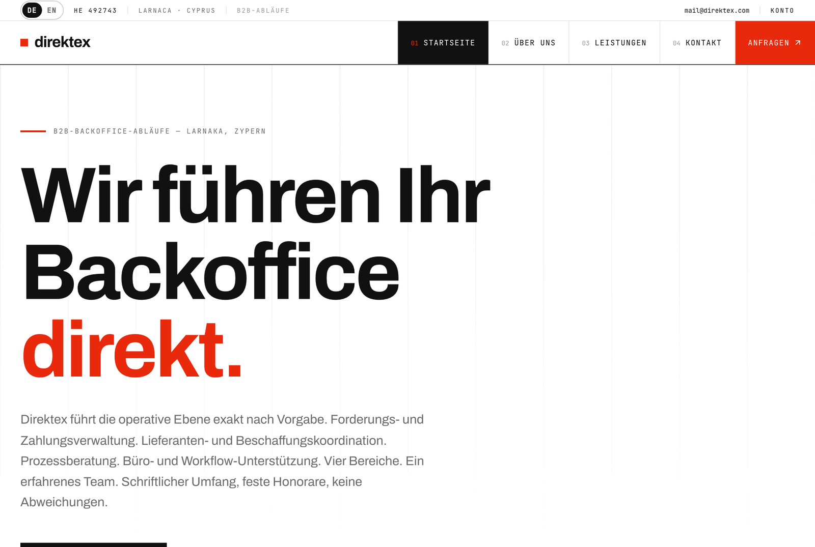 Startseite von direktex.com: Wir führen Ihr Backoffice direkt, Registernummer HE 492743, Larnaca