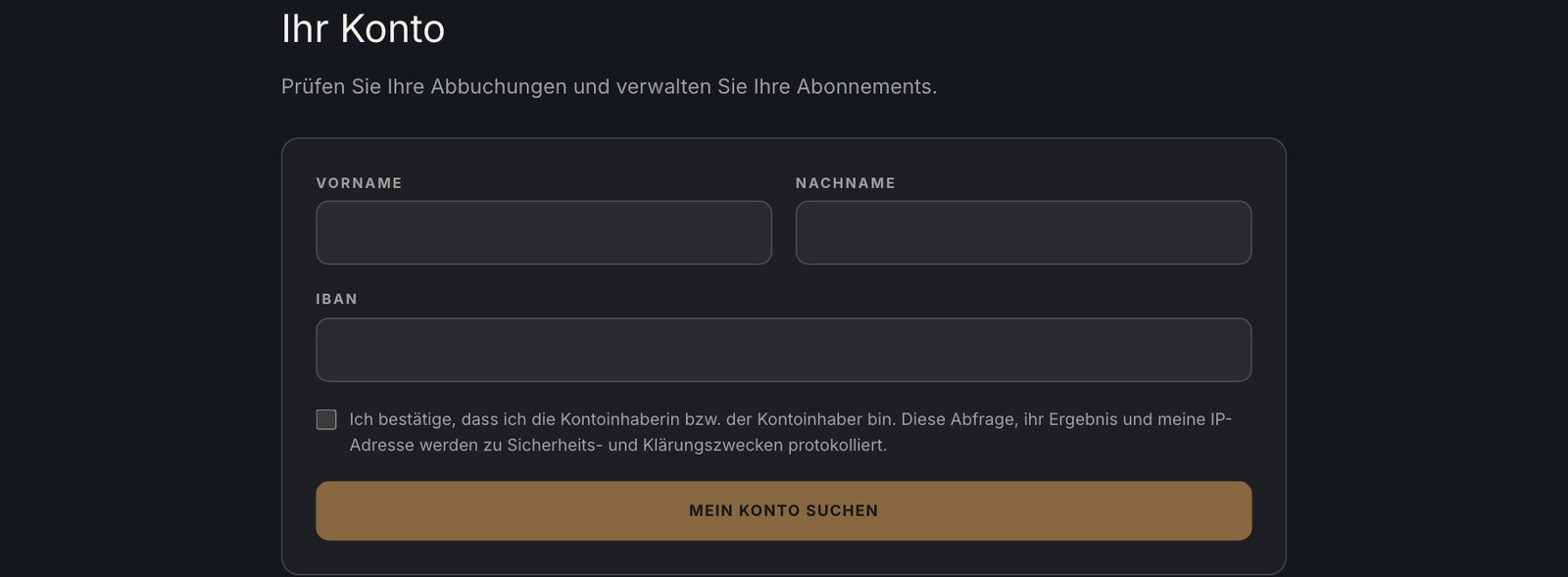 IBAN-Formular auf genau-services.com: Ihr Konto, Vorname, Nachname, IBAN, Mein Konto suchen