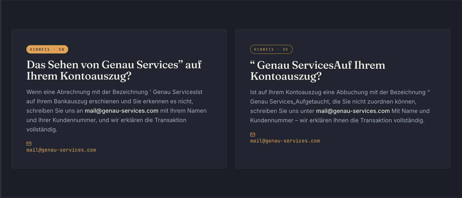 Hinweiskästen auf genau-services.com für Abbuchungen mit der Bezeichnung Genau Services auf dem Kontoauszug