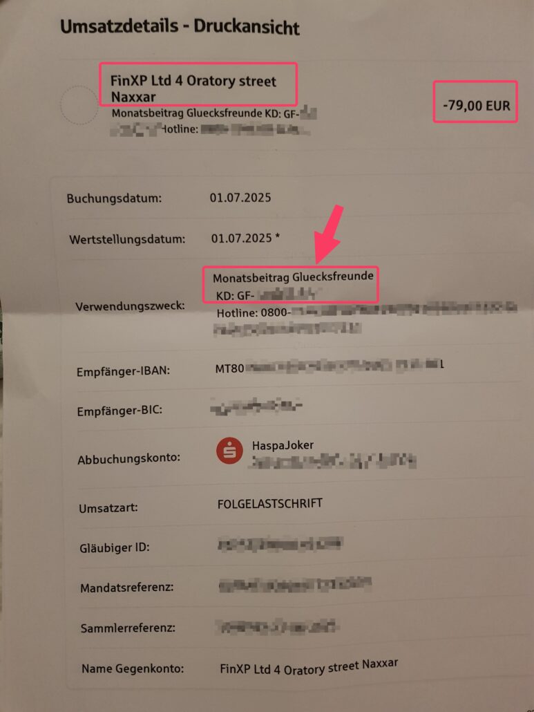 Bankauszug mit Abbuchung von 79 Euro durch FinXP Ltd für Monatsbeitrag Glücksfreunde,
