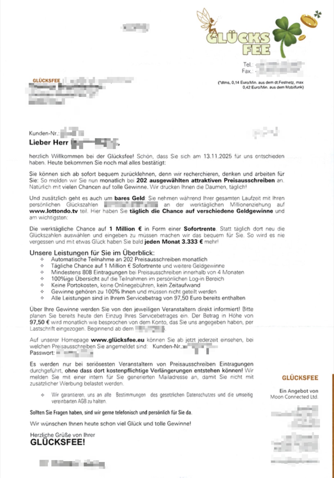 Begrüßungsschreiben der Glücksfee: 202 Preisausschreiben, Sofortrente, 97,50 Euro monatlich (anonymisiert)