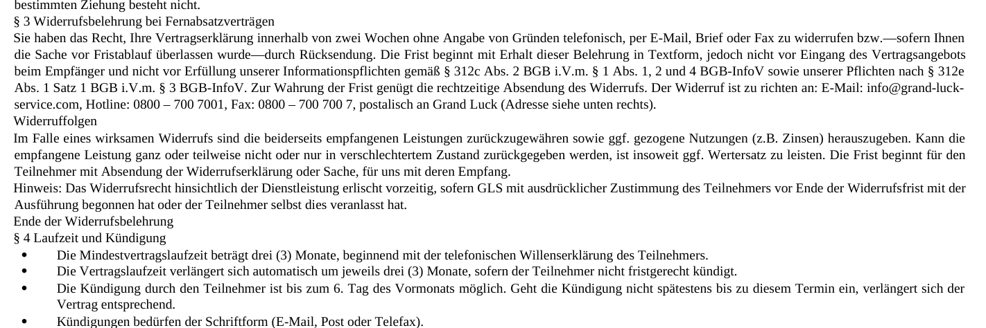 Ausschnitt aus den AGB zum Willkommensschreiben von Grand Luck: Widerrufsbelehrung mit Verweis auf die BGB-InfoV, Laufzeitbeginn mit der telefonischen Willenserklärung