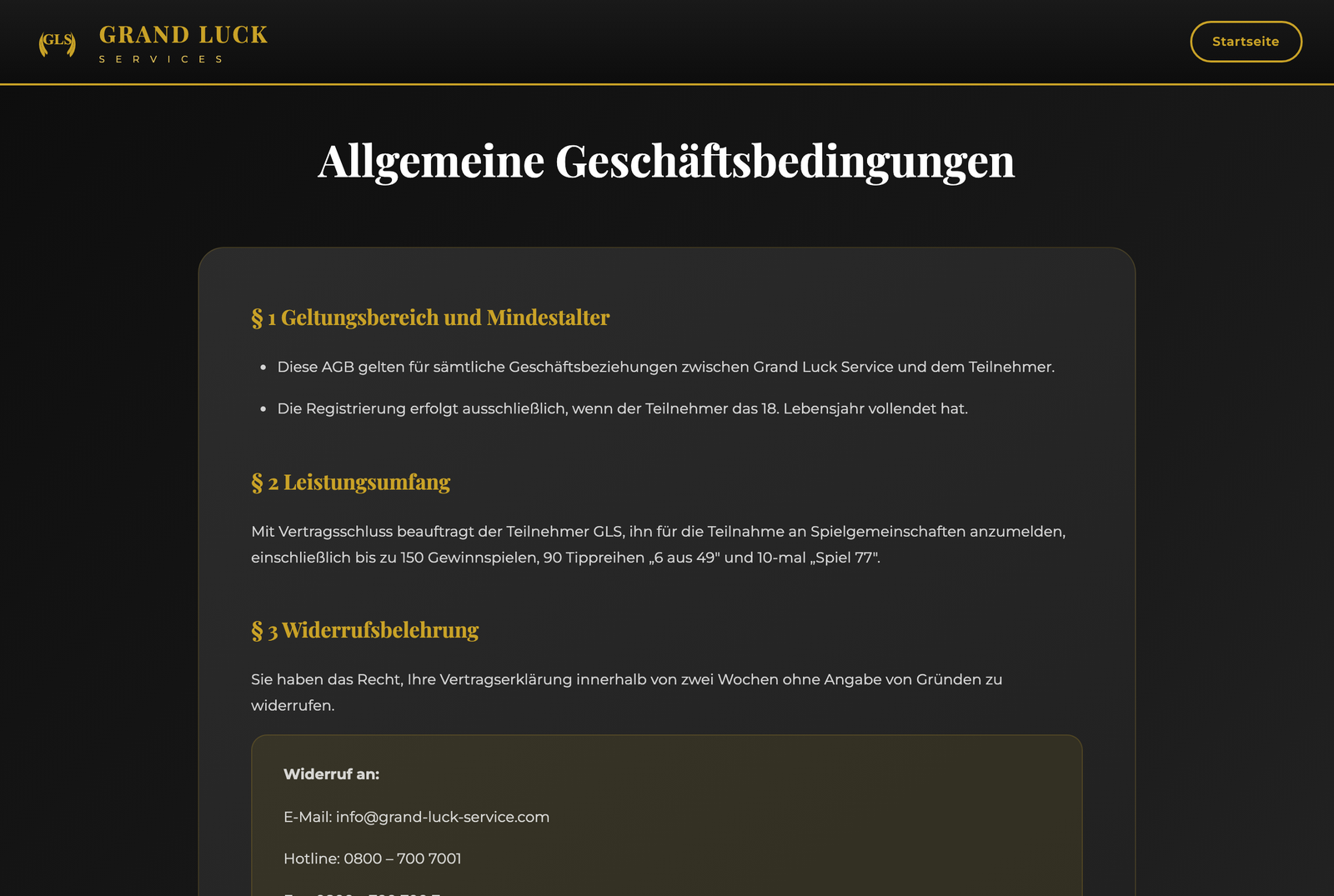 Allgemeine Geschäftsbedingungen auf grand-luck-service.com: Mindestlaufzeit drei Monate, Verlängerung um drei Monate, Kündigung bis zum 6. Tag des Vormonats
