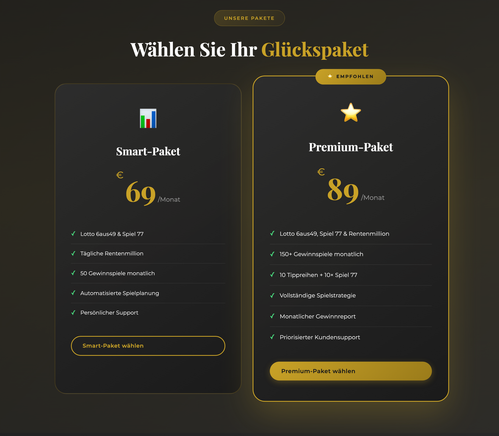 Pakete auf grand-luck-service.com: Smart-Paket 69 Euro und Premium-Paket 89 Euro pro Monat