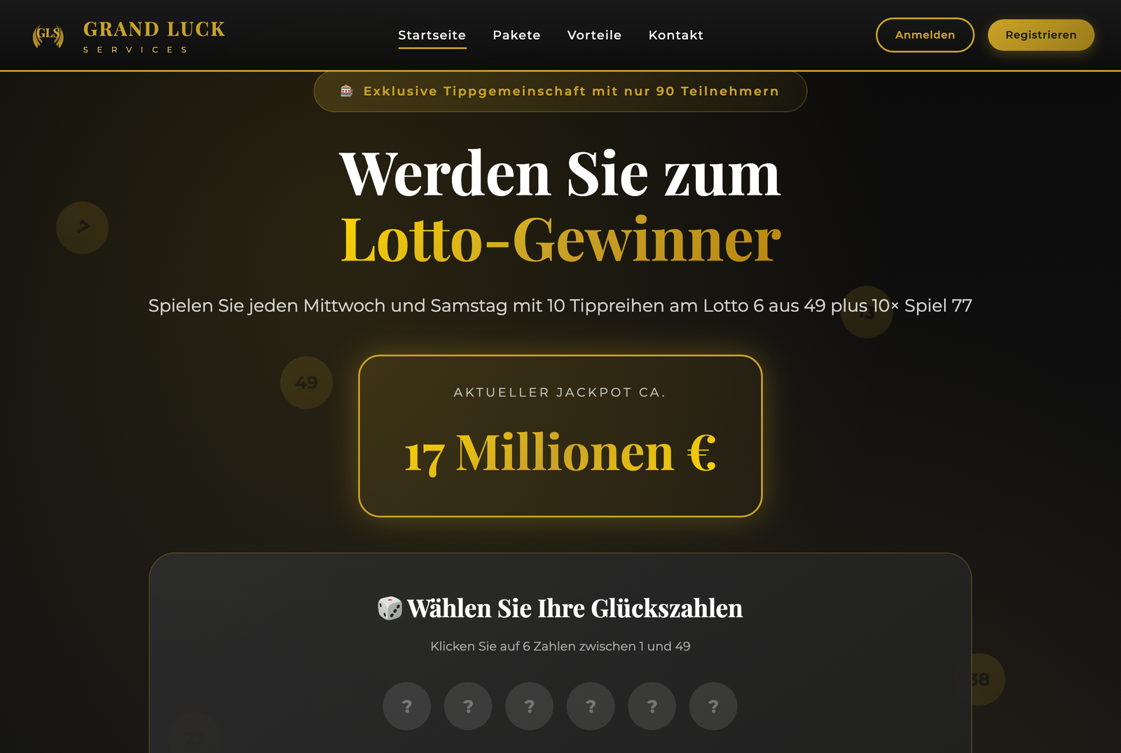 Startseite von grand-luck-service.com: Werden Sie zum Lotto-Gewinner, exklusive Tippgemeinschaft mit nur 90 Teilnehmern