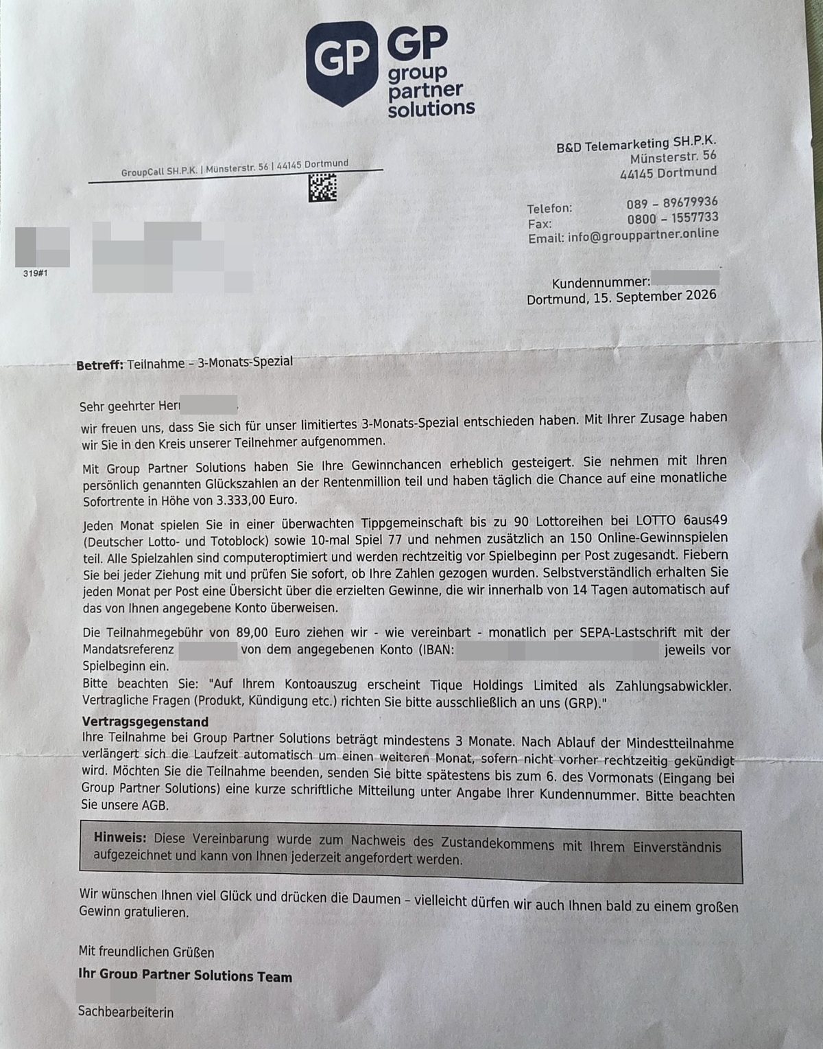 Begrüßungsschreiben von Group Partner Solutions: 3-Monats-Spezial, 89 Euro monatlich per Lastschrift, anonymisiert